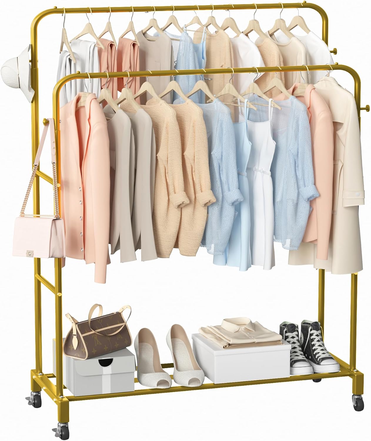 Sooyee Double Rod Clothing Rack with Wheels, 3 Tier Garment Racks for Hanging Clothes, Portable Clothes Rack with 4 Hooks for Bedroom, Laundry Room, Black