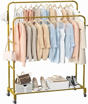Sooyee Double Rod Clothing Rack with Wheels,3 Tier Garment Racks for Hanging Clothes,Portable Clothes Rack with 4 Hooks for Bedroom,Laundry Room,Gold