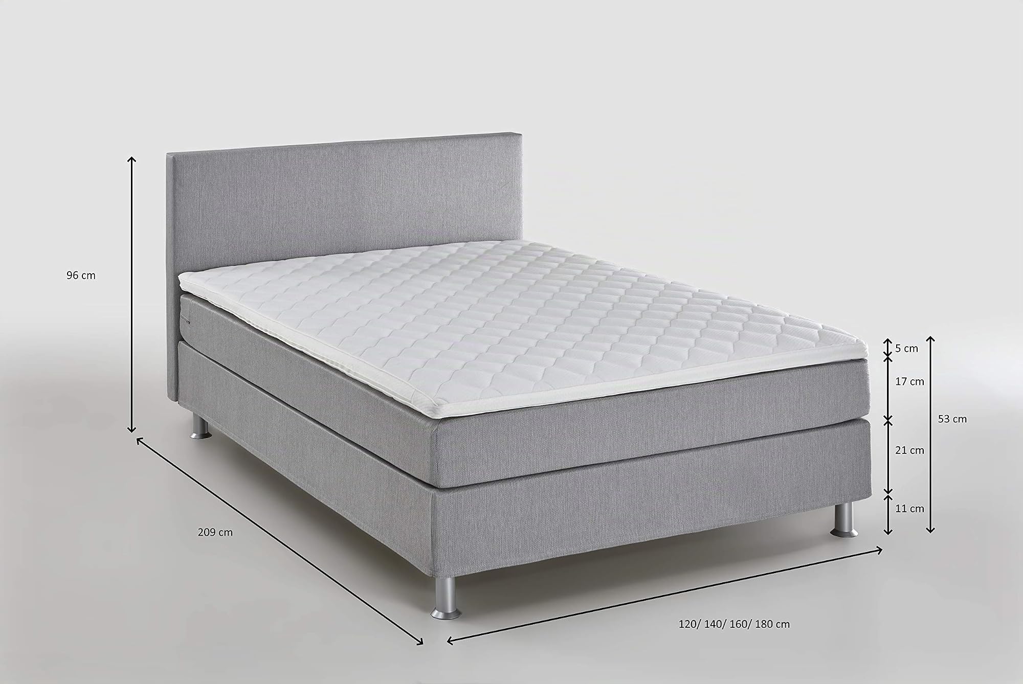 Atlantic Home Collection EDISON Boxspringbett 120 x 209 cm, Härtegrad H2, inklusive Topper, grau