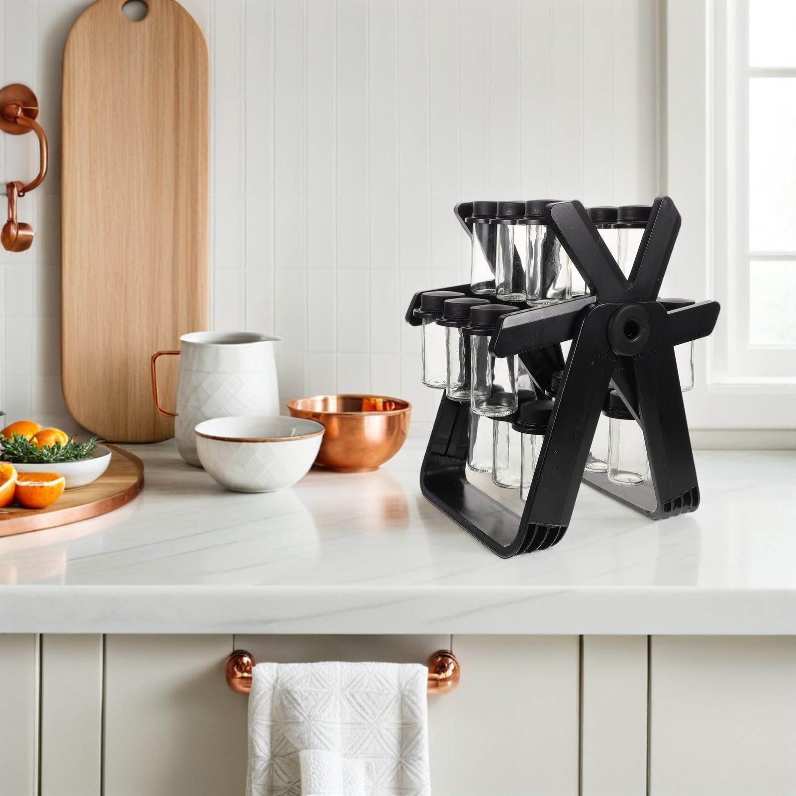 Organizador de Cocina con Frascos de Vidrio Transparentes y Estructura Ahorradora de Espacio en Forma de Noria para Almacenar Especias y Condimentos