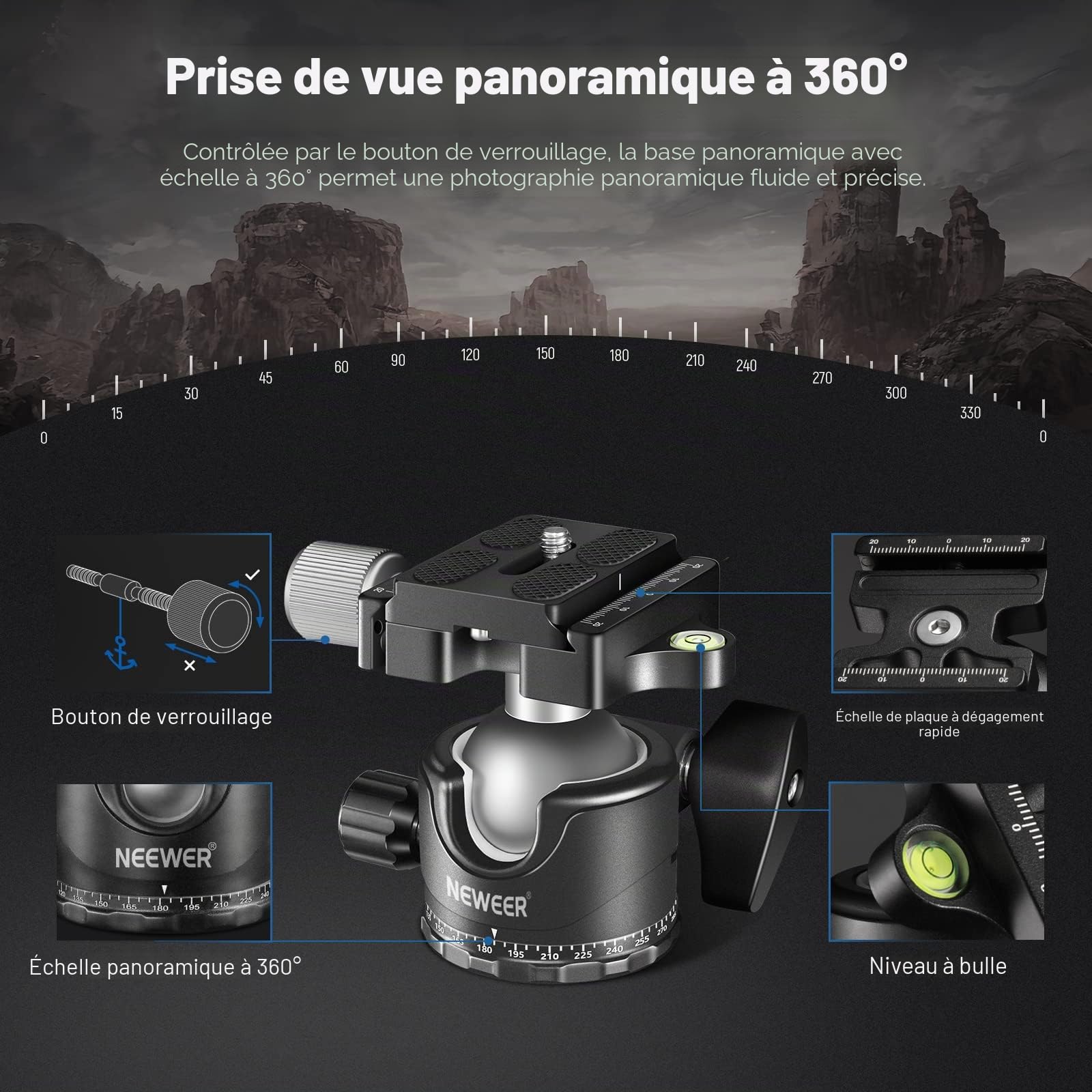 NEEWER Tête sphérique à Profil Bas pour trépied d'appareil Photo, 36 mm, tête de trépied panoramique en métal avec Centre de gravité Bas, Compatible avec Plaque de dégagement Rapide Arca 1/4" pour