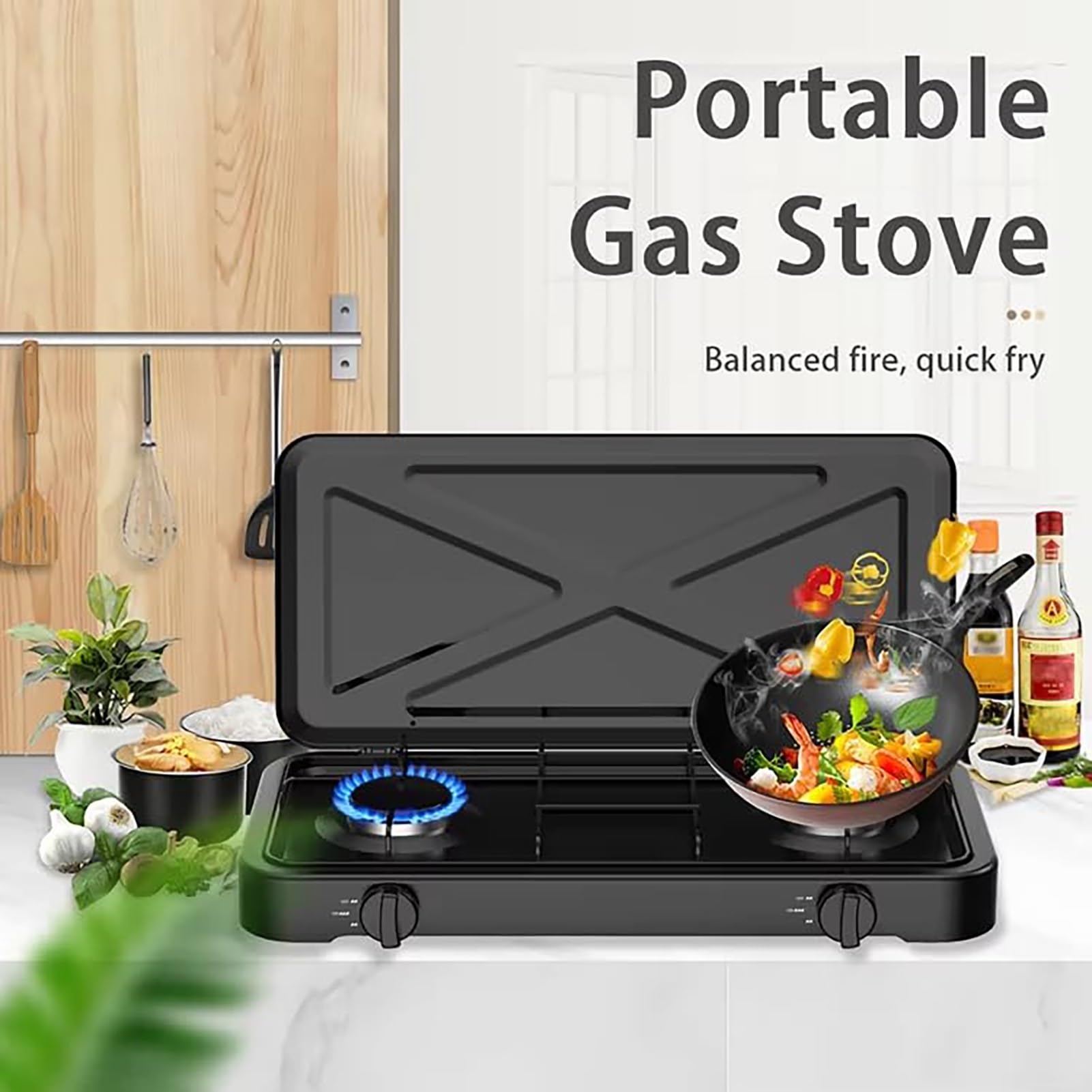 Przenośna kuchenka kempingowa, dwupalnikowa kuchenka LPG z pokrywką, 4,4 kW, regulowana regulacja temperatury, automatyczny system zapłonowy na kemping, piknik, grill