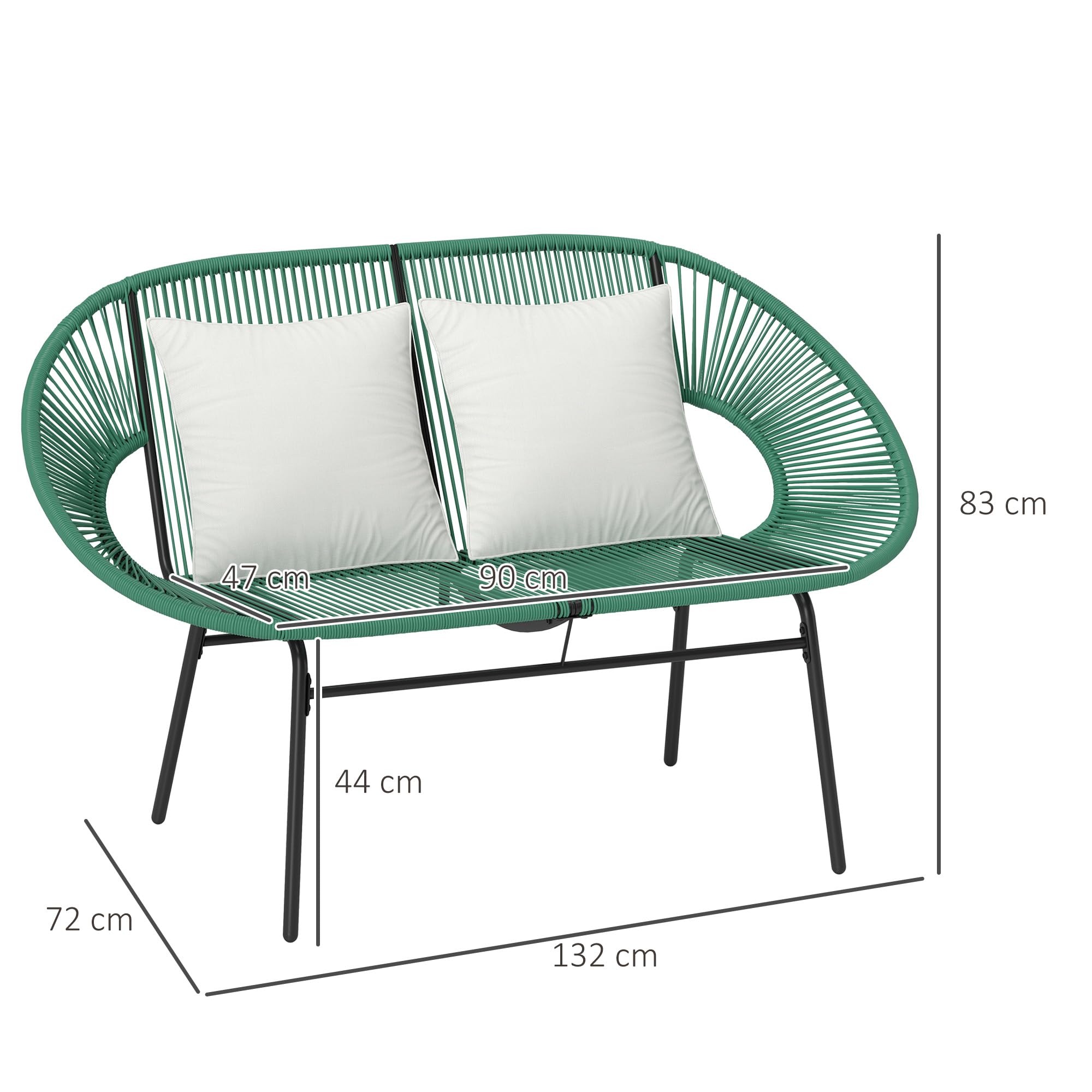 Outsunny Sofá de jardín de 2 plazas en ratán PE, sofá de Exterior con Cojines, reposabrazos y Estructura de Acero, Banco de Exterior, para terraza y Patio, 132 x 72 x 83 cm, Verde Oscuro