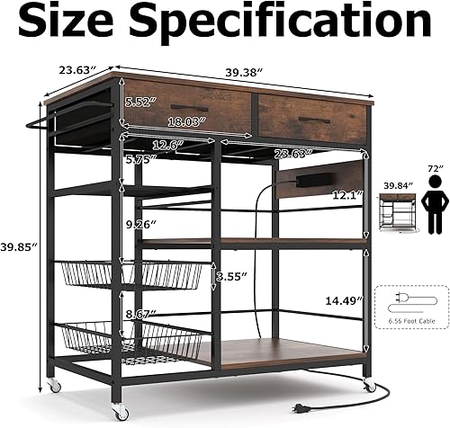 Miniatura 10 de NAIYUFA Isla de cocina con almacenamiento,Carrito de isla de cocina rodante con toma de corriente,Isla de cocina industrial sobre ruedas,Carrito de