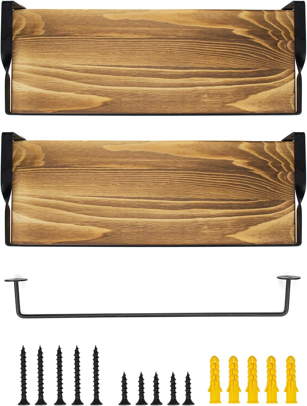 Foraineam 2 Pack Floating Wall Shelves with Towel Bar - Rustic Wood and Metal Storage Shelves - Wall Mounted Display Racks for Kitchen Bathroom Bedroom Living Room