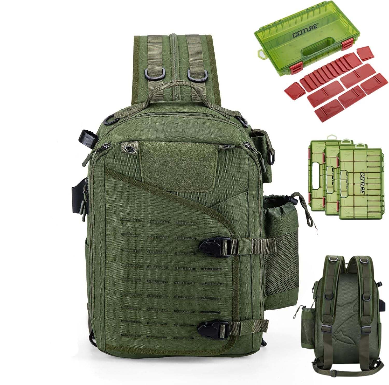 Goture Angelrucksack 20L Großer Angel-Sling-Tasche aus 900D Oxford, Wasserabweisende Angeltasche mit SBS-Reißverschluss, MOLLE-System & Rutenhalter für 3700/3600 Tackle Boxen, Raubfischangeln
