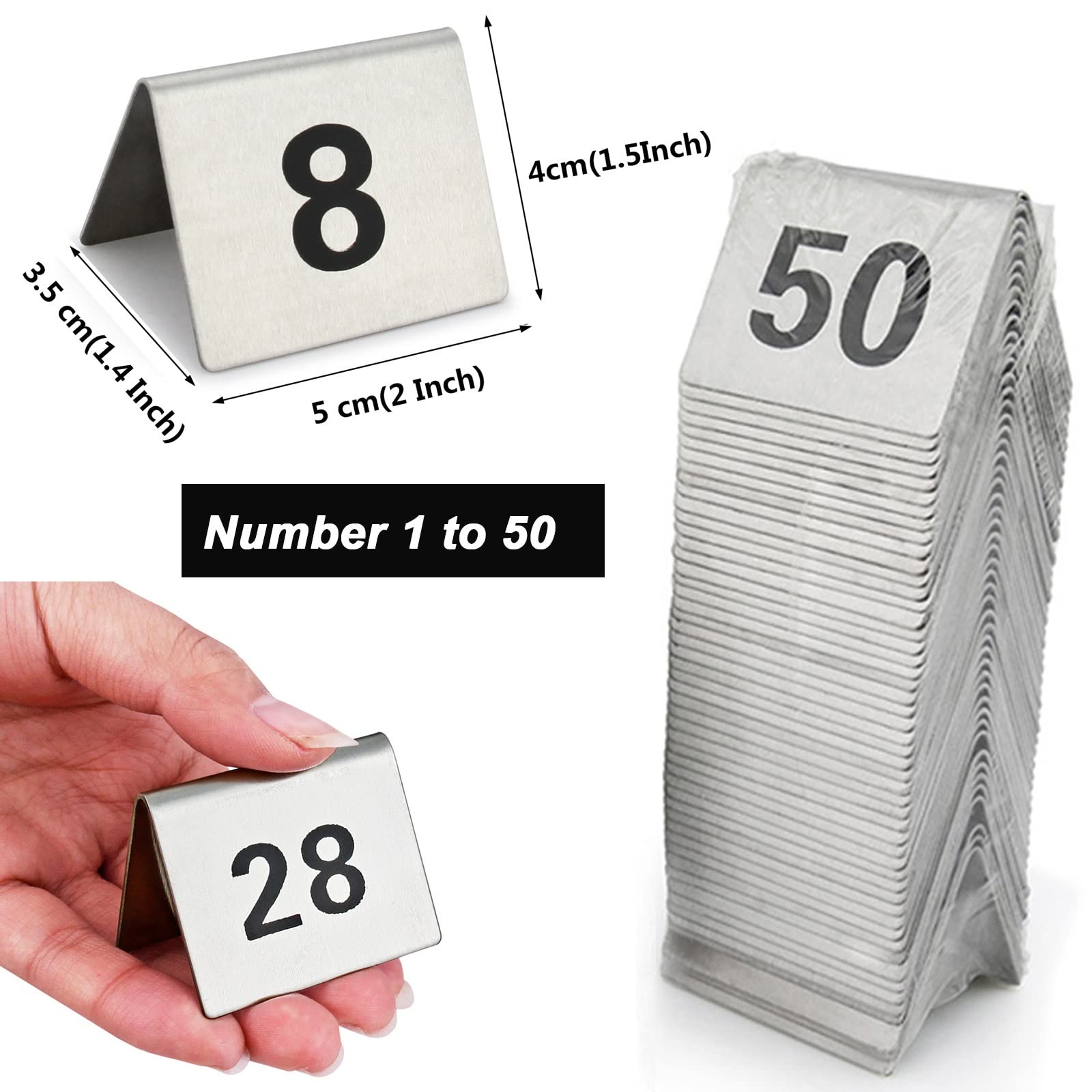 Numery stołowe, elegancki znak z numerami na stół, stal nierdzewna, metal, 1 do 50/100, restauracja, kawiarnia, bar, numer kurtyny, pudełko do układania w stos, nr 1-50