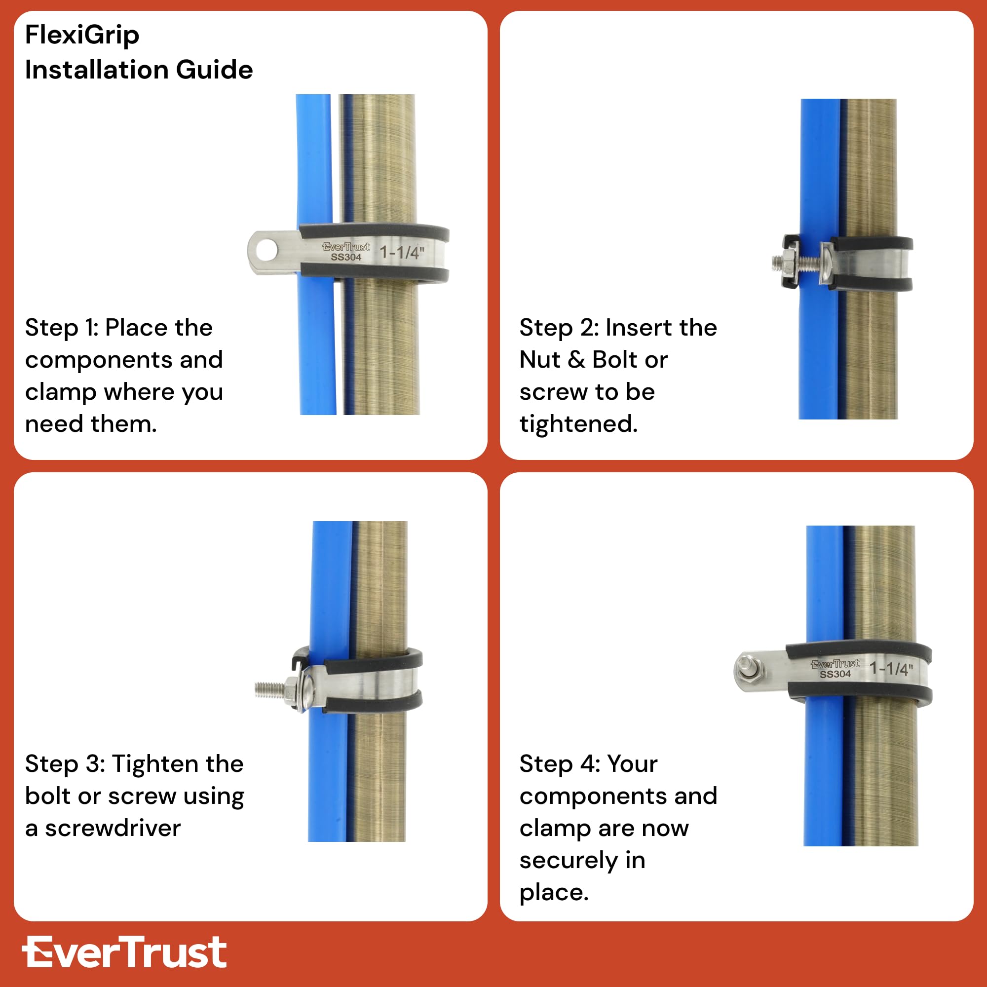 EverTrust Flexigrip Kabelklemmen Aus Edelstahl – 1,27 Cm (1/2 Zoll) Mit Geriffeltem Gummifutter | Für Garten, Auto, Haus & Garage
