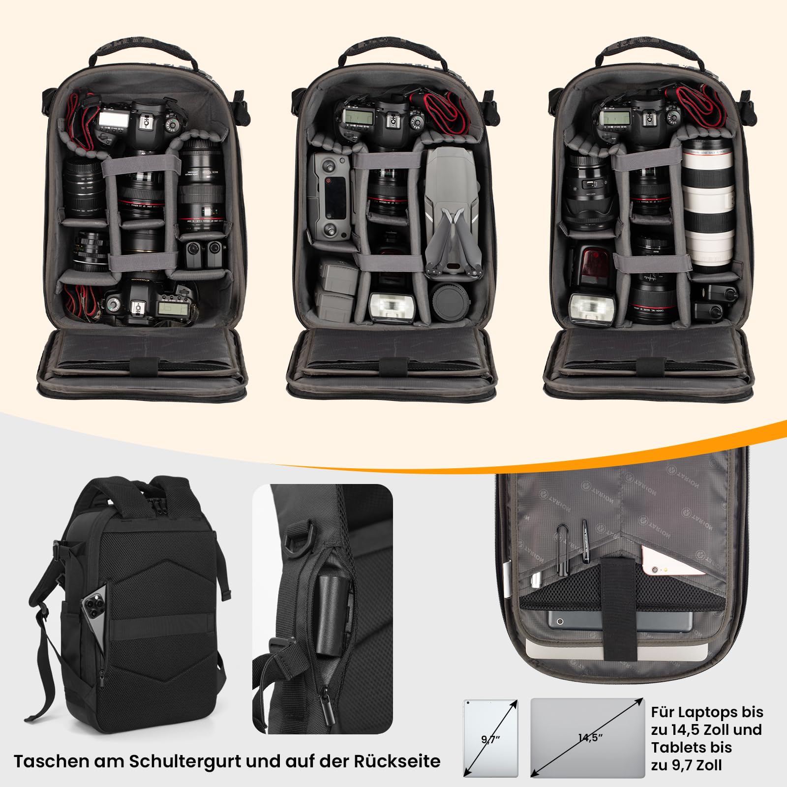 TARION Kamerarucksack, Fotorucksack mit Hartschalen, Stoßfest, wasser- und abriebfeste Kameratasche mit 14,5 Zoll Laptopfach, DSLR Rucksack für Drohnen, Spiegelreflexkameras und Zubehör