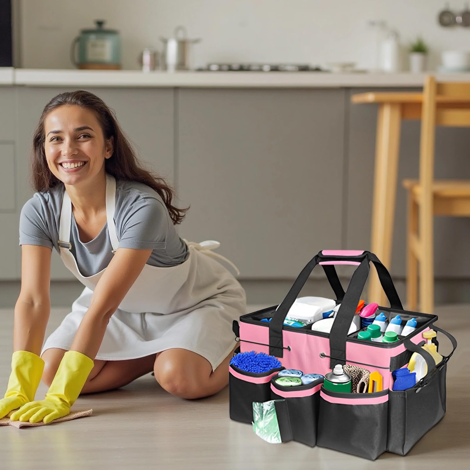 Organizador de limpieza, bolsa grande de limpieza con 5 bolsillos, correa de hombro ajustable, asa resistente, 15 x 9.4 x 10.6 pulgadas, tela de poliéster