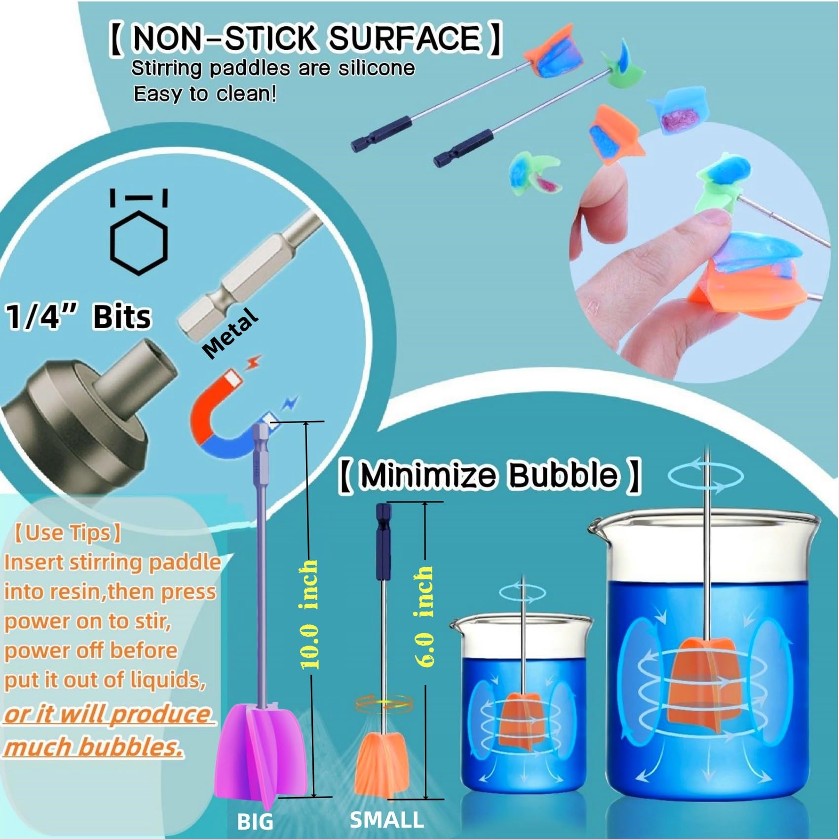 2 paletas mezcladoras de resina de silicona grandes y 2 pequeñas para taladro, accesorio mezclador epoxi para taladro, mezclador de pintura/agitador de pintura para mezclar resina, epoxi, moldes de