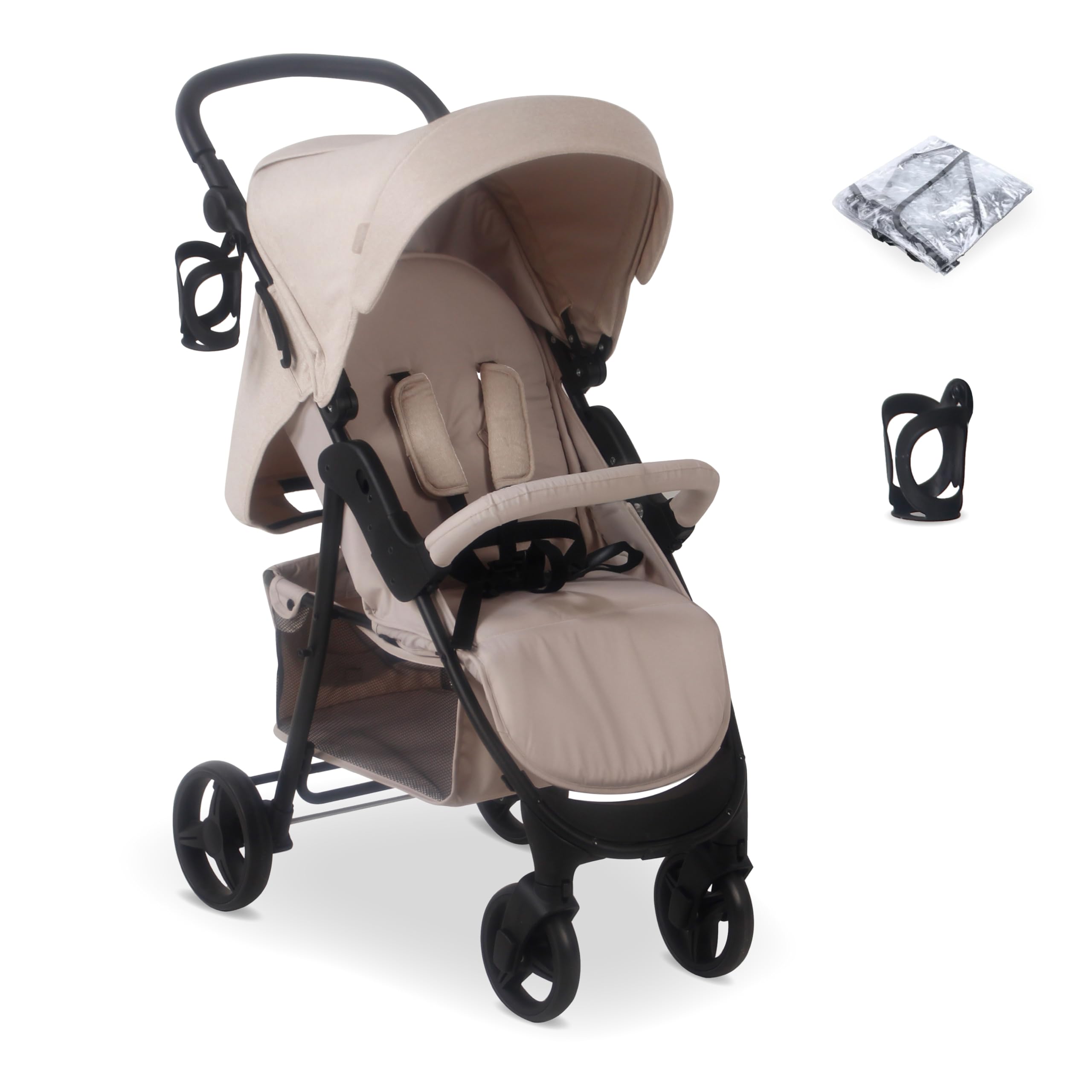 My Babiie MB30 Pushchair – from Birth to 4 Years (22kg), Easy Compact Fold, Large Shopping Basket, Adjustable Handle, Stroller Includes Cup Holder, Rain Cover – Oatmeal