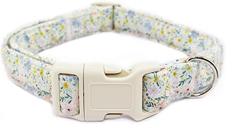 Floral Dog Collar Adjustable for Small Dogs - Cute Spring Summer Girl Dog Collar for Female Dogs, Blooming Flower Pattern Cotton Collar with Quick Release Buckle, Green Spring Flower-S