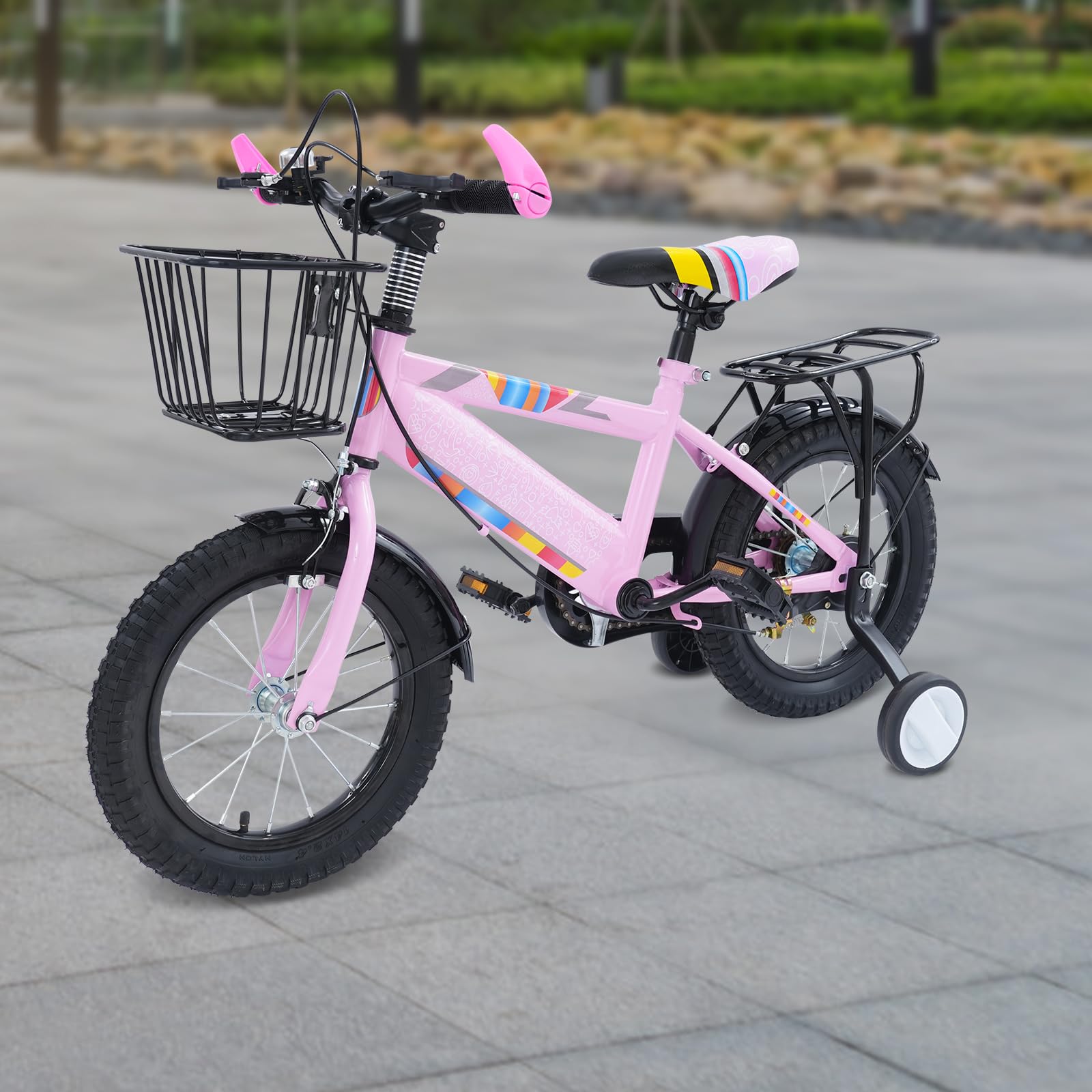 14 Zoll Kinderfahrrad, Jungen und Mädchen Fahrrad Kinder mit Stützrädern und Korb, Klingel, Höhe Einstellen Kinder Fahrrad, Trainingsfahrrad für 3-6 Jahre Jungen und Mädchen