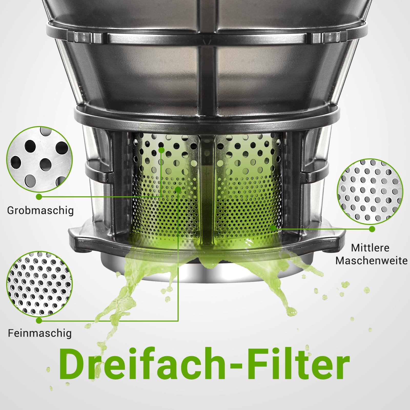 AMZCHEF Extracteur de jus automatique 250W 135mm 1,8L mains libres fruits légumes entiers lent triple filtre Vert