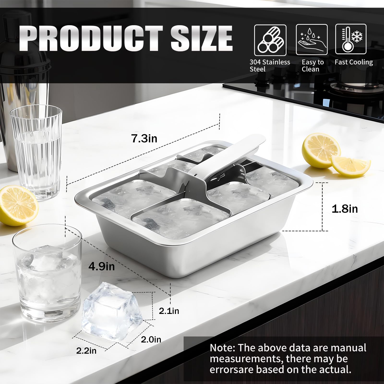 Bandejas de cubitos de hielo de acero inoxidable con palanca, 6 moldes grandes para whisky y cócteles, bandeja profesional de metal resistente para congelador, no tóxica y fácil liberación