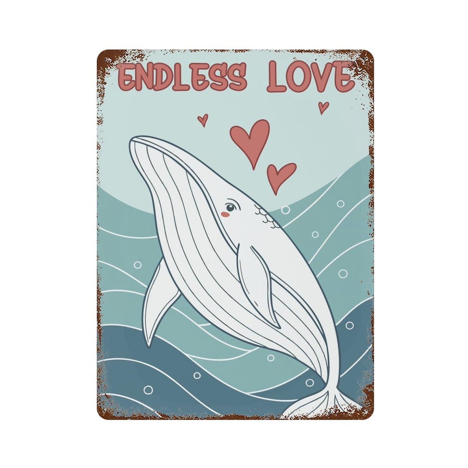 Whale Love Illustration Vintage Wall Sign 15.7"x11.8", Rust Effect Metal Decor for Patio, Garden Room And Bar Decor