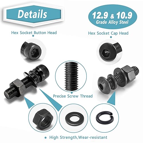 Miniatura 52 de Kadrick - Kit surtido de 2000 tornillos/pernos métricos M2, M3, M4, M5, con tuercas, arandelas planas y de seguridad, cabeza de botón hexagonal