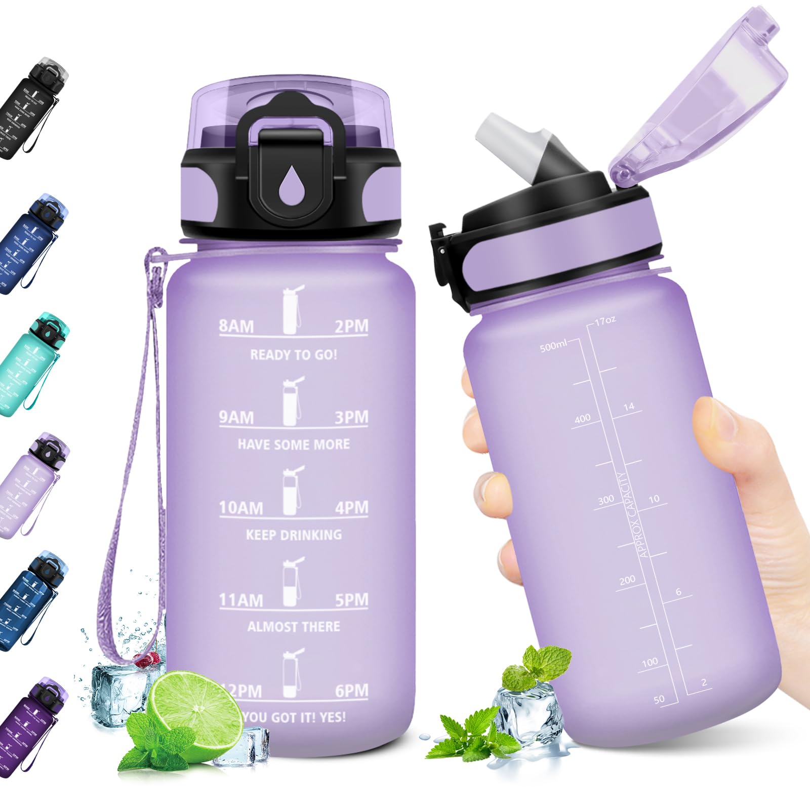 JAPORIA 500ml Motivational Water Bottle with Straw Leak Proof Sports Water Bottle with Motivational Time Indicator for School, Work, Biking, Hiking, Cycling