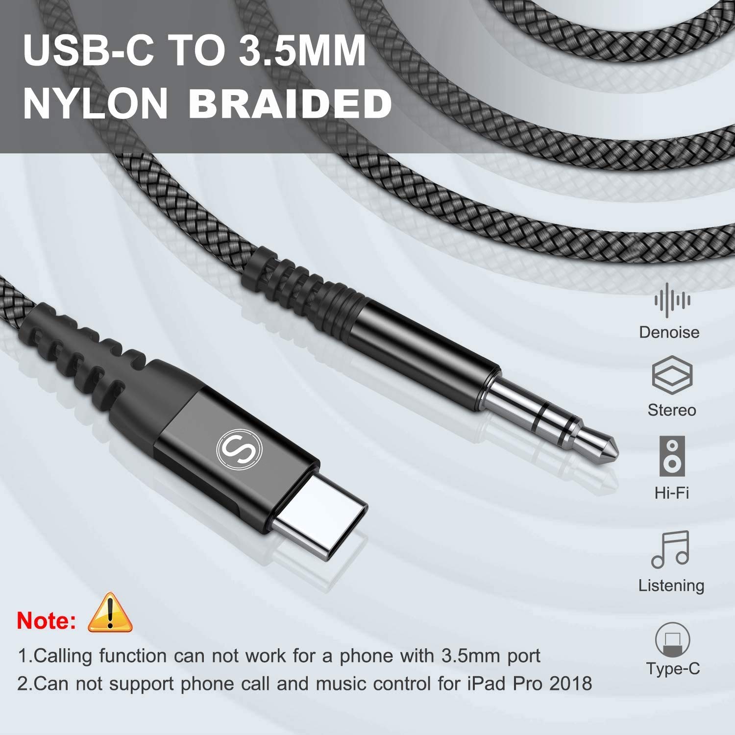 USB C to 3.5mm Audio Aux Jack Cable 4ft,Sweguard Type C Adapter to 3.5mm Headphone Car Stereo Aux Cord for Samsung Galaxy S22 Ultra S23 S21 S20+ Note 20 10+,Google Pixel,iPad &More USB-C Devices-Black