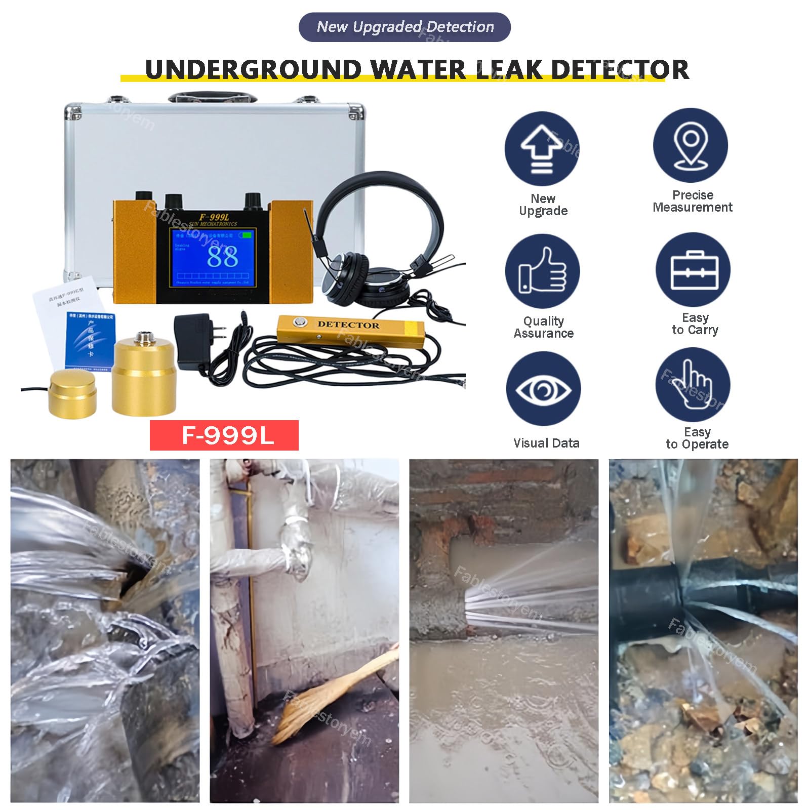 Kit de détecteur de fuite d'eau – Capteur de fuite souterrain, géophone pour piscine et maison, 4 modes de fréquence, moniteur de fuite de tuyau d'eau