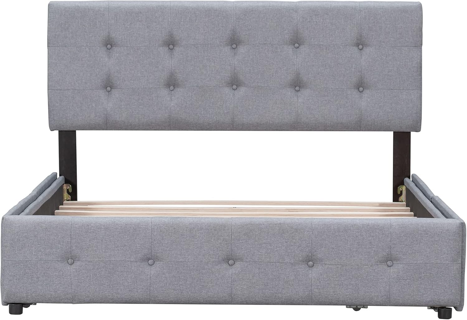 P PURLOVE Platform Bed Upholstered Linen Platform Bed Frame with Tufted Buttons Headboard and 4 Drawers No Box Spring Needed, Queen Size, Light Gray