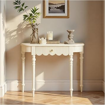 Half Moon Console Table for Entryway with Storage Drawer Solid Wood Sofa Table Farmhouse Foyer Tables with Roman Style Legs for Hallway, Living Room, OfficeWhite