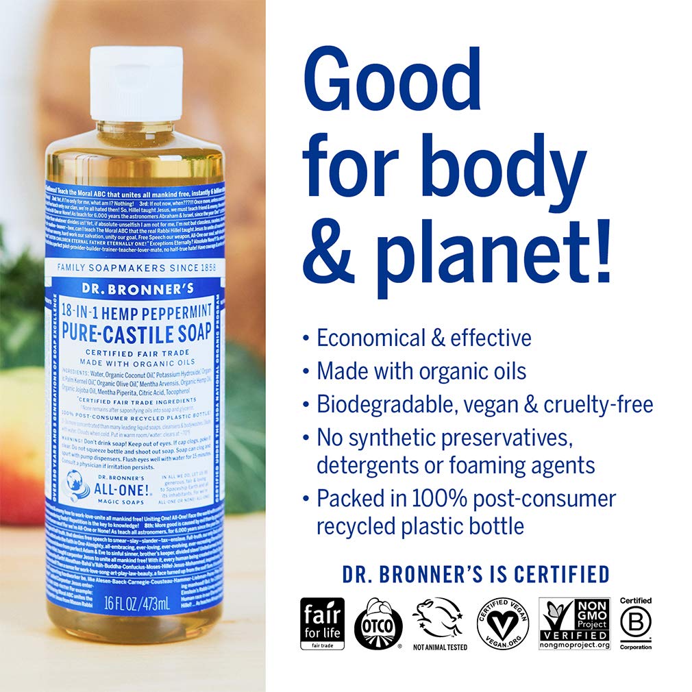 Dr. Bronner’s Pure-Castile Liquid Soap, Peppermint, 16 oz (Pack of 2) : Beauty & Personal Care