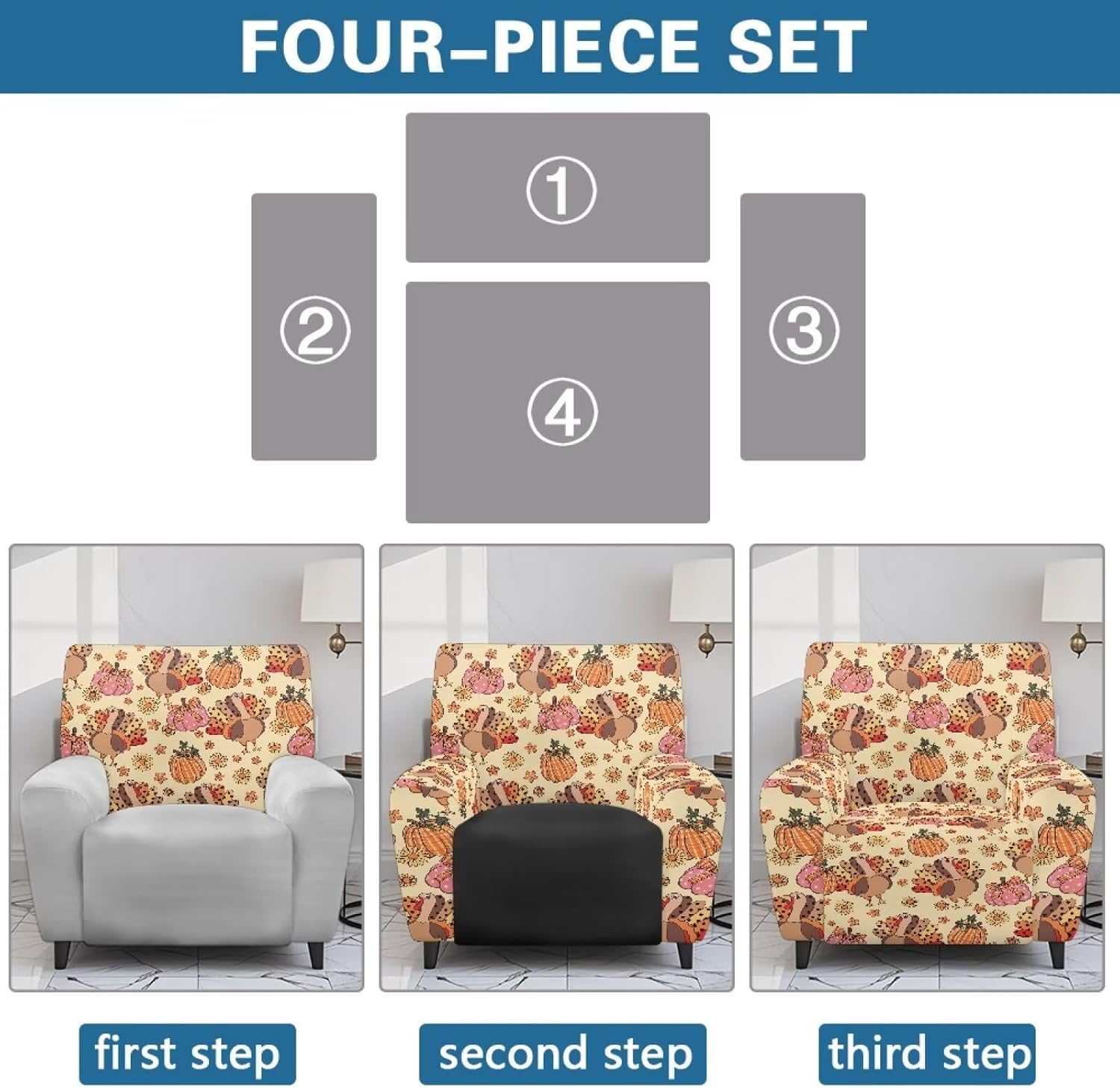 FOR U DESIGNS Turkey Pumpkin Small Recliner Cover 4-Pieces Stretch Slipcover with Elastic Edges Non-Slip Furniture Protector for Recliner Chairs Washable Covers Against Stains