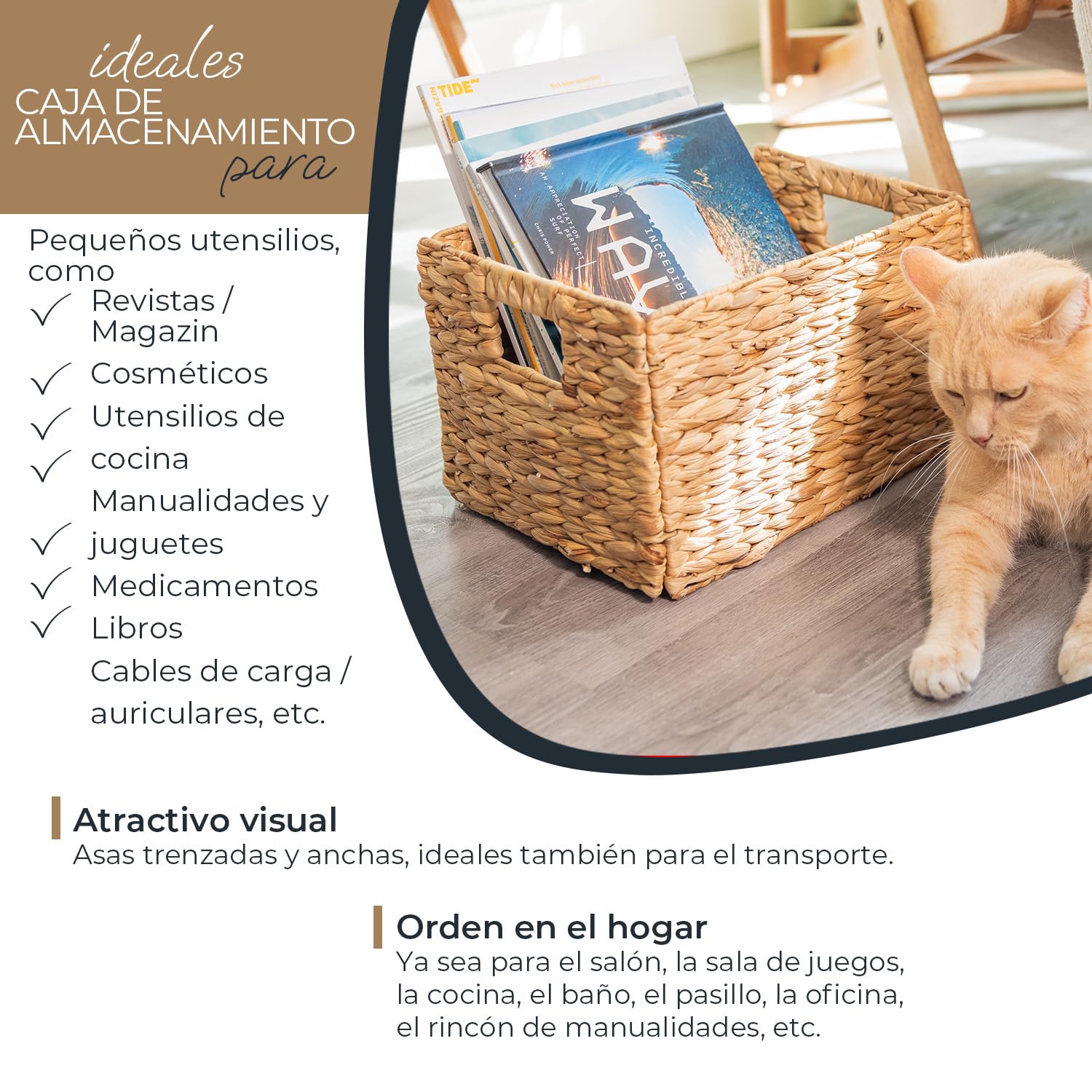 HMF Cesta de almacenaje trenzada organizadora de jacinto de agua, cesta decorativa con asas para baño, cocina, salón y estantería | Juego de 4 | Tamaño L | 36 x 28 x 20 cm | Natural