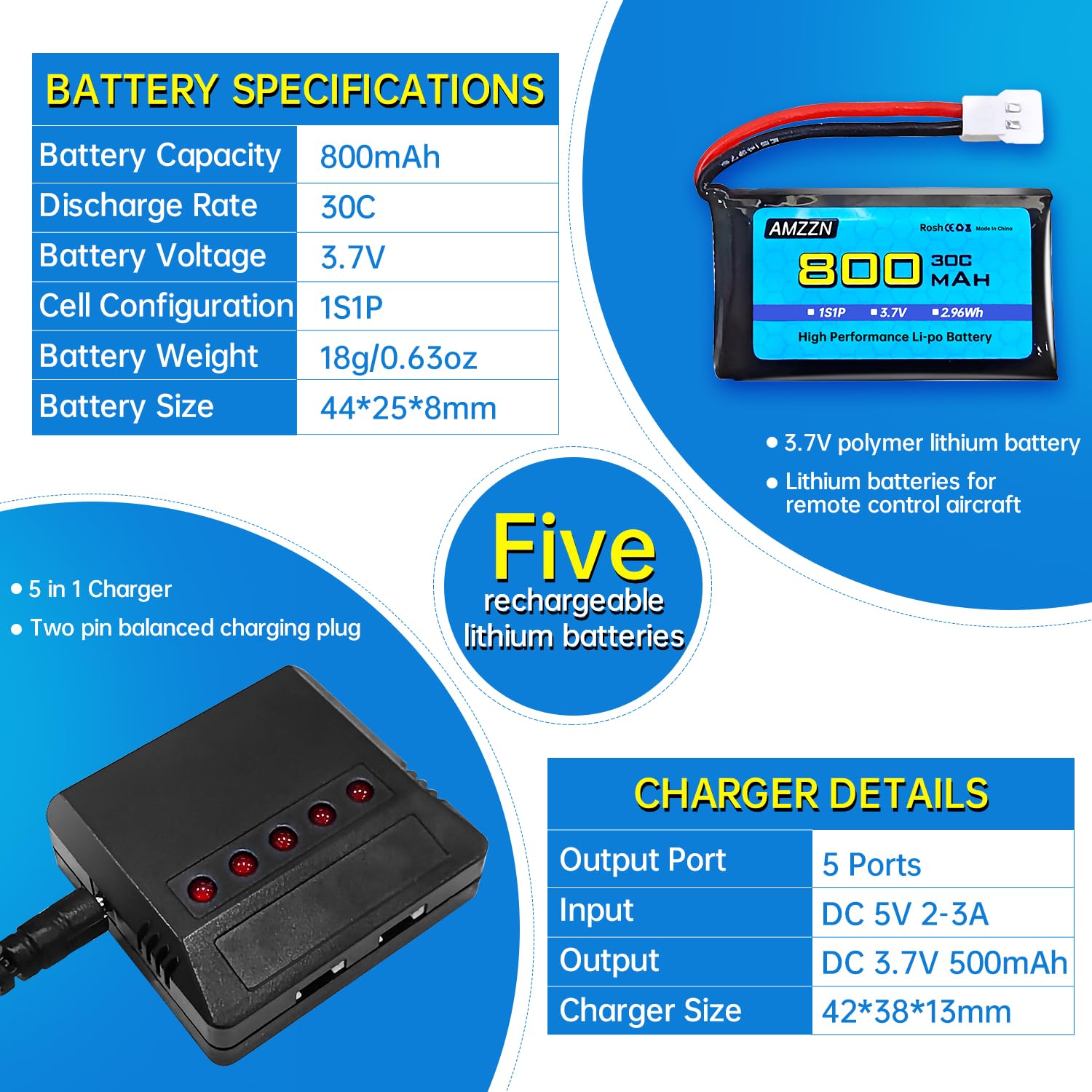 5 pièces 3,7V 800mAh 30C Molex Plug Lipo Batterie avec Chargeur 5 en 1 pour Drone télécommandé SYMA X5C X5SW H5C V931 U45W SS40, Compatible avec la Plupart des quadcopters