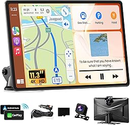 Portable Apple Carplay Screen for Car, 11.3" Extra Large Wireless Car Play & Android Auto Screen for Car, Car Stereo with 4K Dash Cam, App View, Backup Camera,GPS,Mirror Link,FM, Voice Control