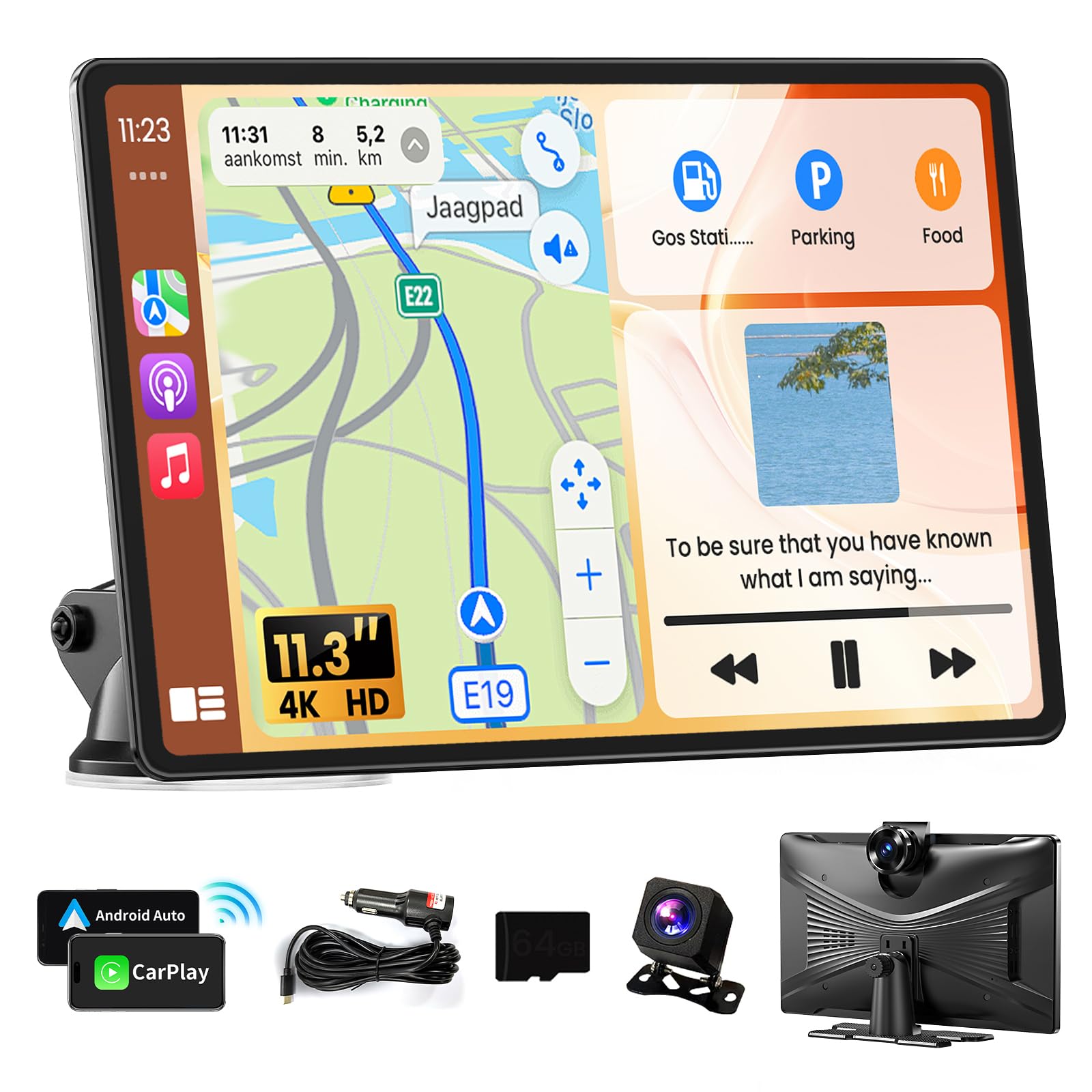 Portable Apple Carplay Screen for Car, 11.3" Extra Large Wireless Car Play & Android Auto Screen for Car, Car Stereo with 4K Dash Cam, App View, Backup Camera,GPS,Mirror Link,FM, Voice Control