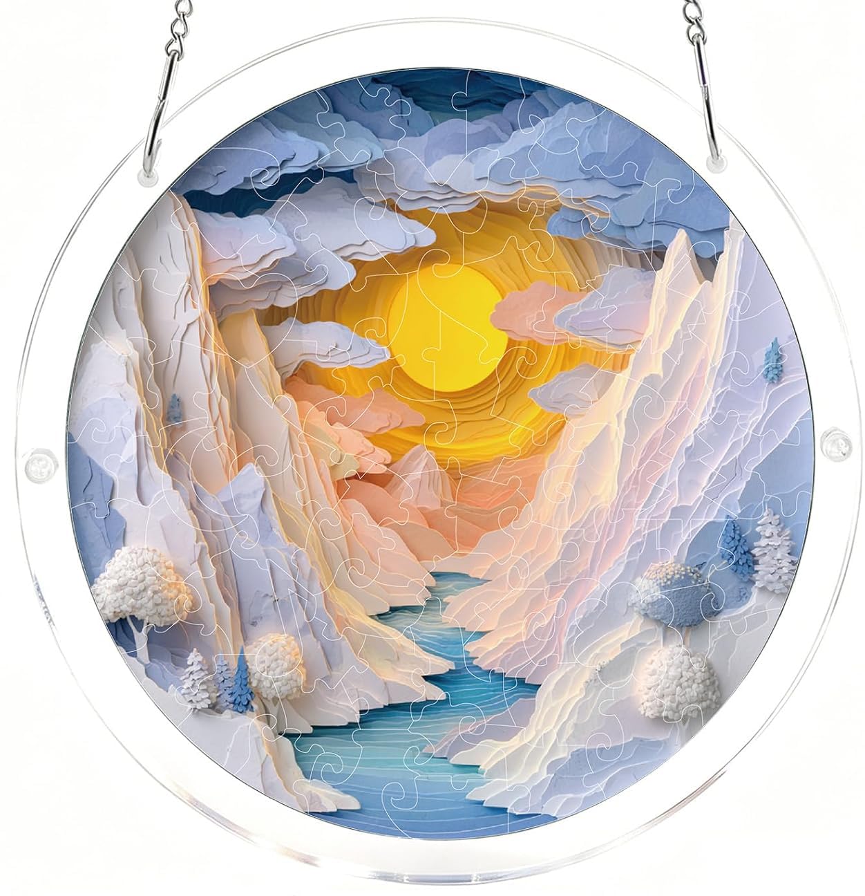 Layered Mountain & River Sunset Acrylic Jigsaw Puzzles Suncatcher, 8.2 Inch Window Hanging Suncatcher Acrylic Puzzle, DIY Home Decor Art Gift