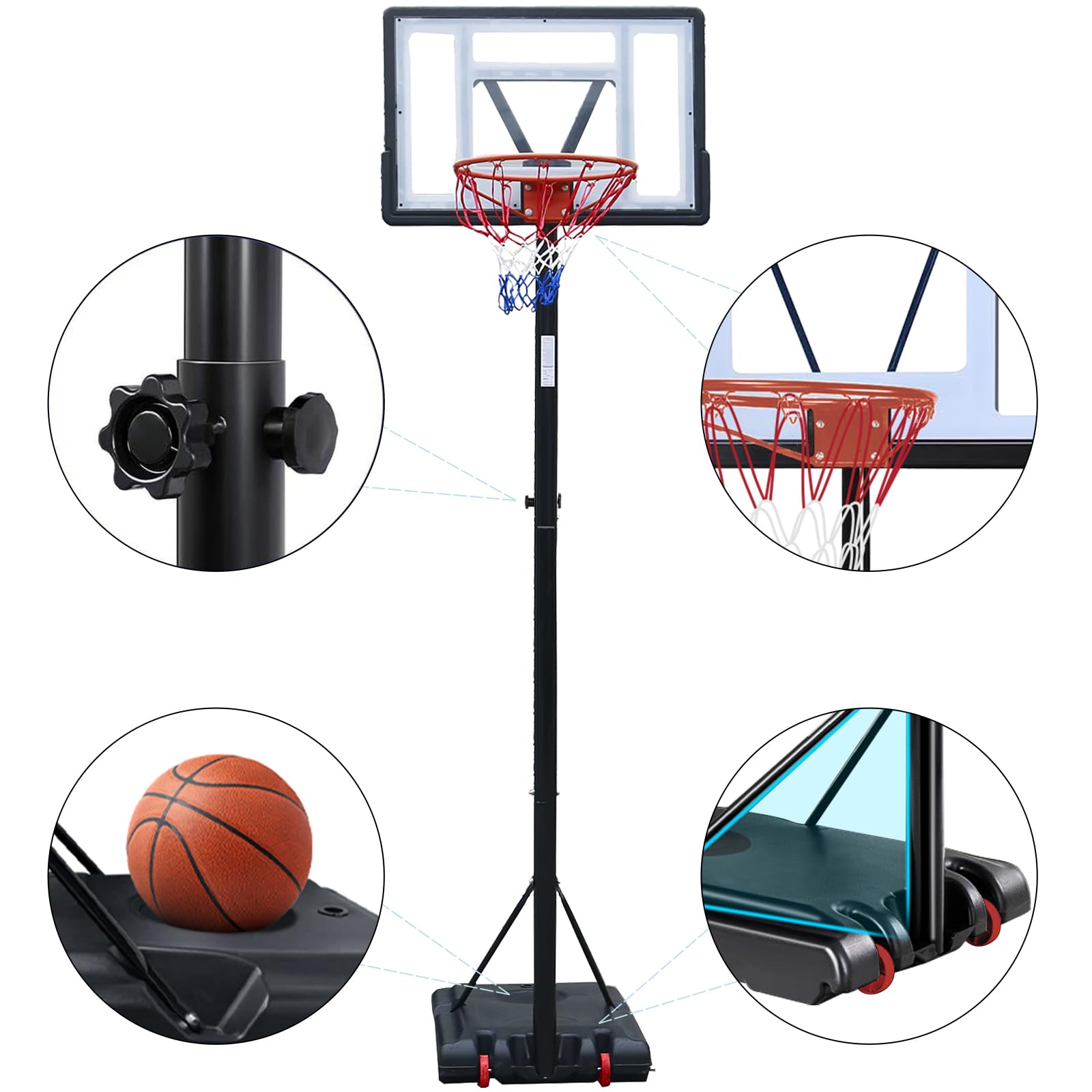 SPOFLYINN Portable Basketball Hoop Outdoor, 4.5FT-10FT Height Adjustable Basketball Goal, Shatterproof Backboard, Built-in Wheels, Basketball Stand, for Women Men Kids Grown-ups Black As Shown