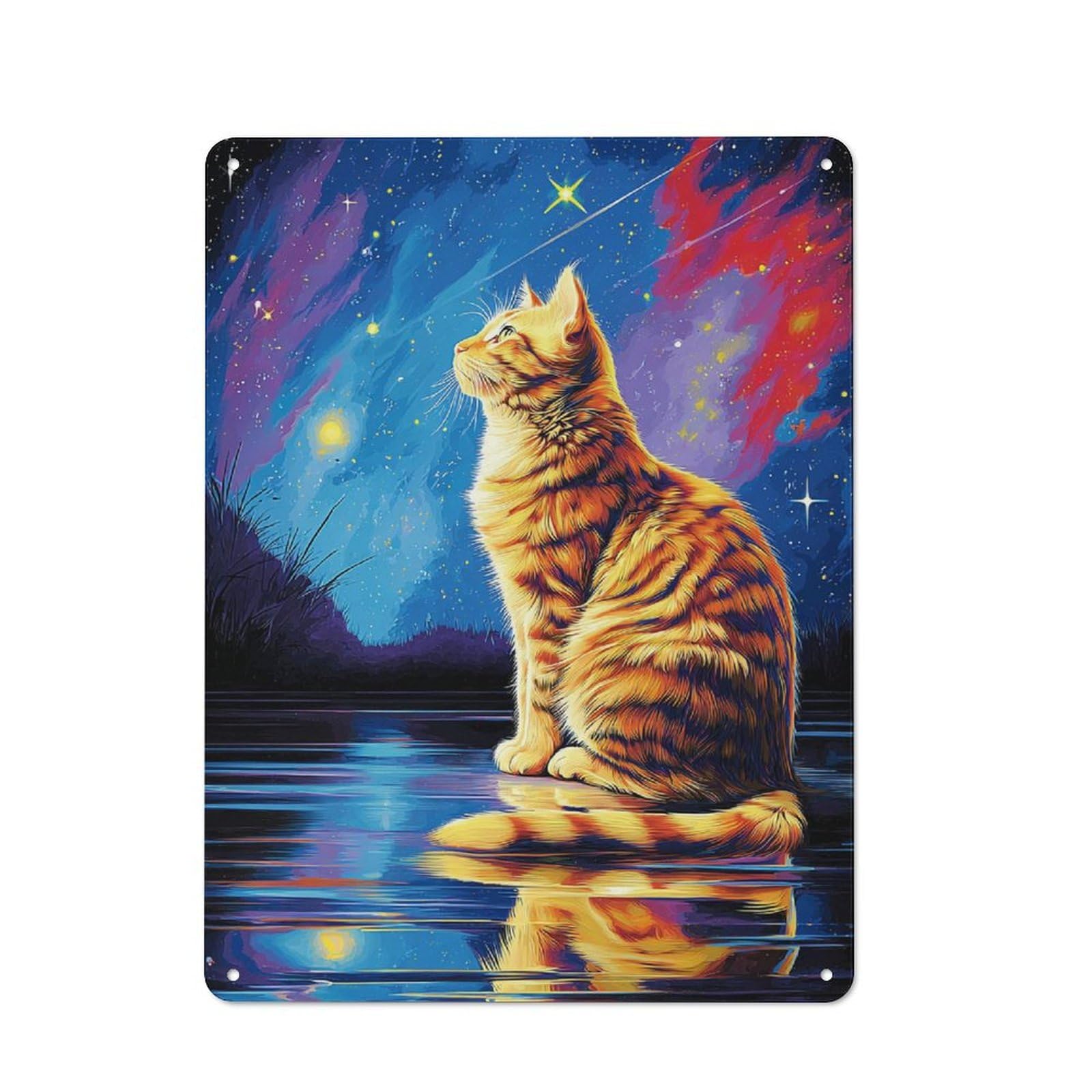 Understated Decorative Metal Sign 40x30cm Featuring Starry Night Cat Reflection -1, Study Room Decor for Workspace, Cafe, Shop Or Desk Area