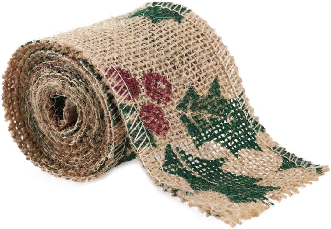 Burlap Craft Ribbon 2M 6Cm Leaf Design DIY for Christmas Wedding Home Decoration Brown Green Holly Printed Handmade Xmas Tree Wreath Decor (2m)