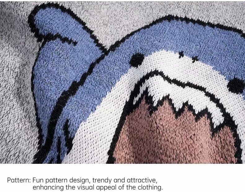 Unisex Cartoon Shark Pattern Sweater for Winter, Y2K Retro Fashion Jacquard Loose-Fitting Crew Neck Knitted Pullover.