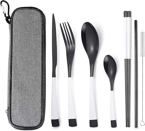 AARAINBOW Juego de cubiertos de acero inoxidable de 7 piezas, paquete de 2 cubiertos portátiles reutilizables, juego de utensilios de viaje con