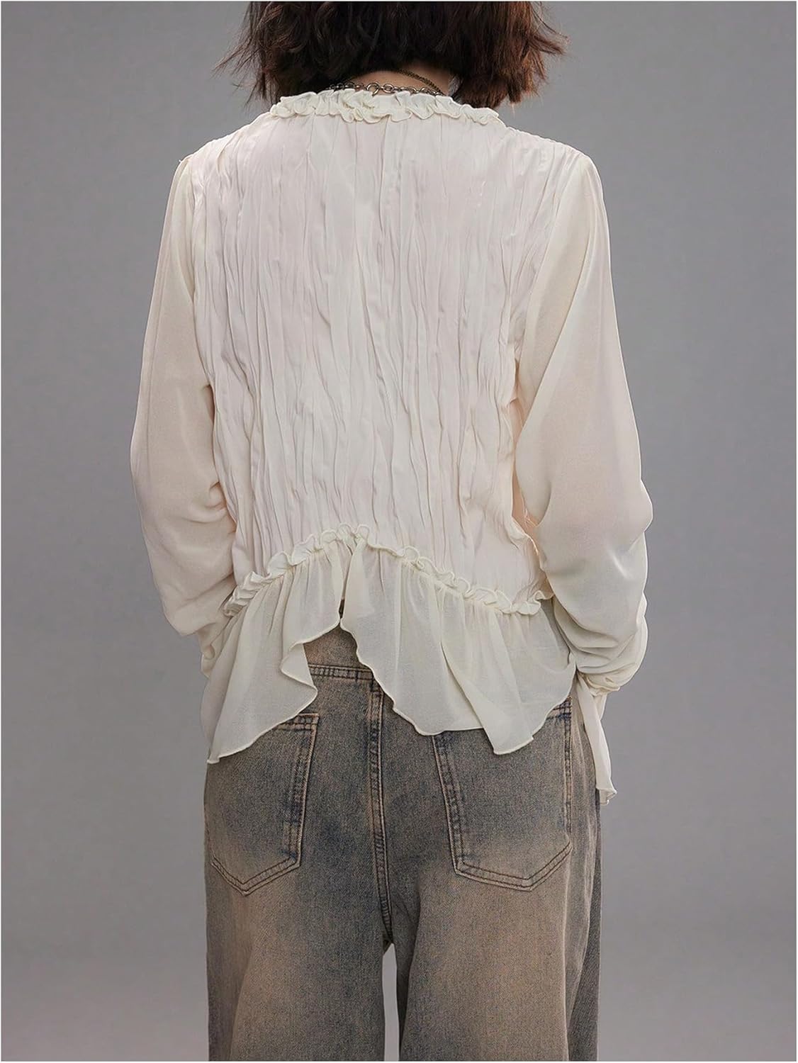 MakeMeChic Women's Long Sleeve Chiffon Mesh Blouse Ruffle Trim Tie Boho Crop Fairy Tops - Image 3