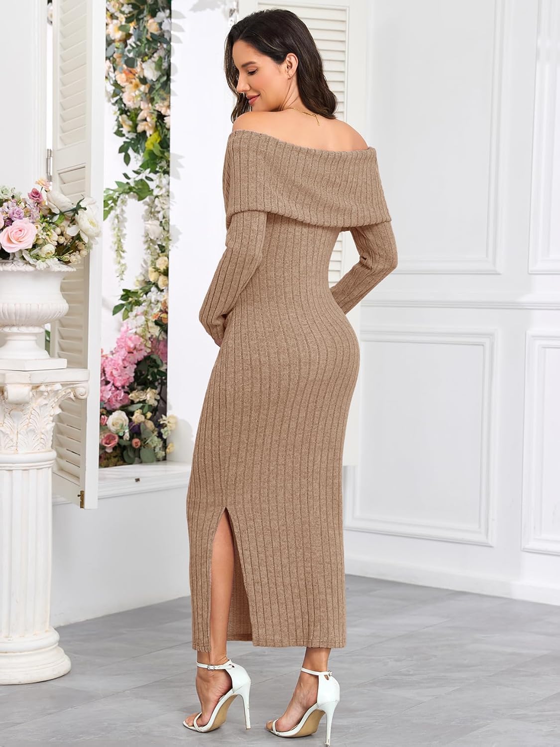 CYCLAMEN Off-Shoulder Maternity Sweater Dress Rib Knit Long Sleeve Dresses with Side Slit Pregnancy Clothes Baby Shower - Image 3
