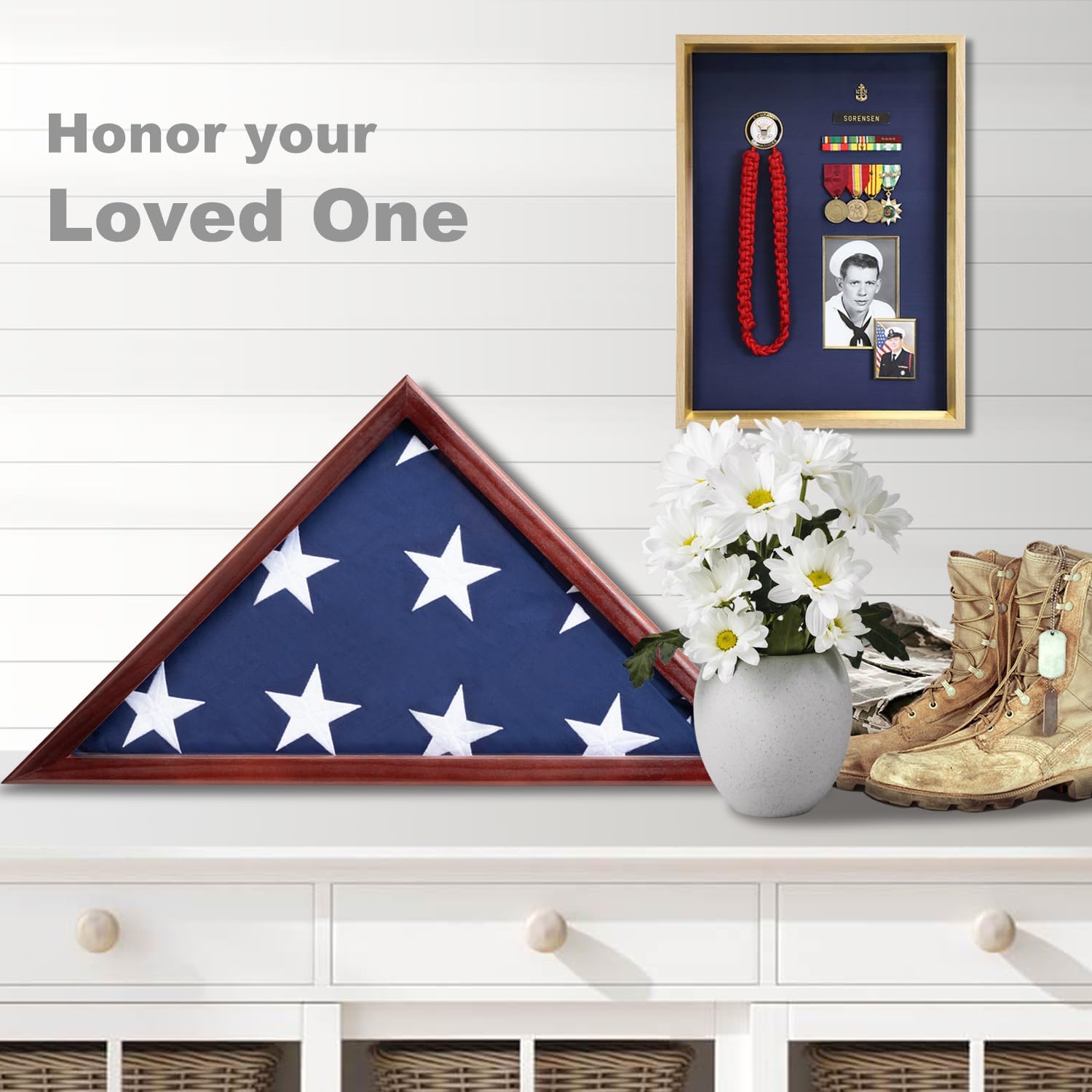 Flag Display Case for 5x9.5 ft American Veteran Burial Flag, Mahogany Wooden Frame Case Set, Triangle Solid Shadow Box with Wall Mount Acrylic Front
