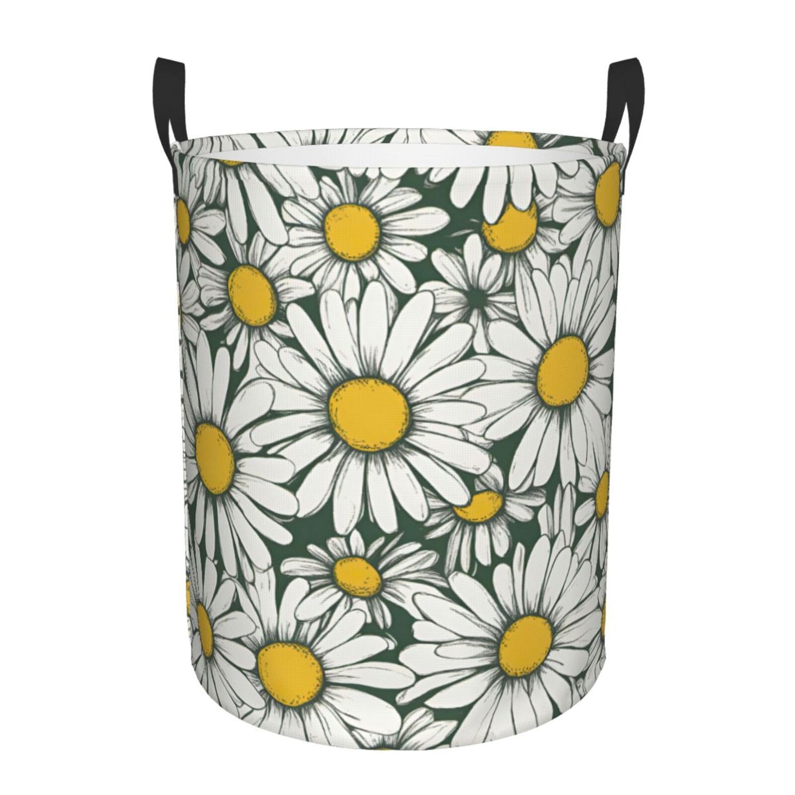 M Collapsible Laundry Hamper Round White daisy Print Storage