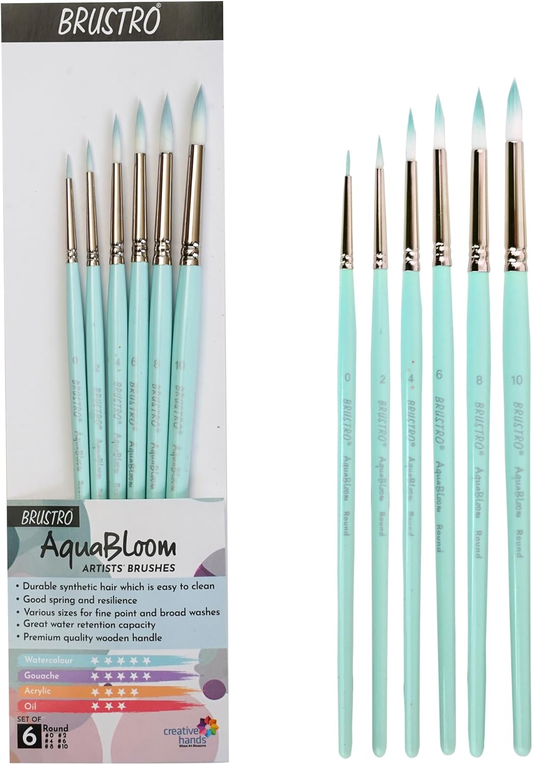BRUSTRO AquaBloom Artist's Paint Brushes | Round | Set of 6 - Sizes (0, 2, 4, 6, 8, 10) | Wooden Handle, Comfortable Grip, Synthetic Bristles, Ideal for Watercolour, Gouache, Painting