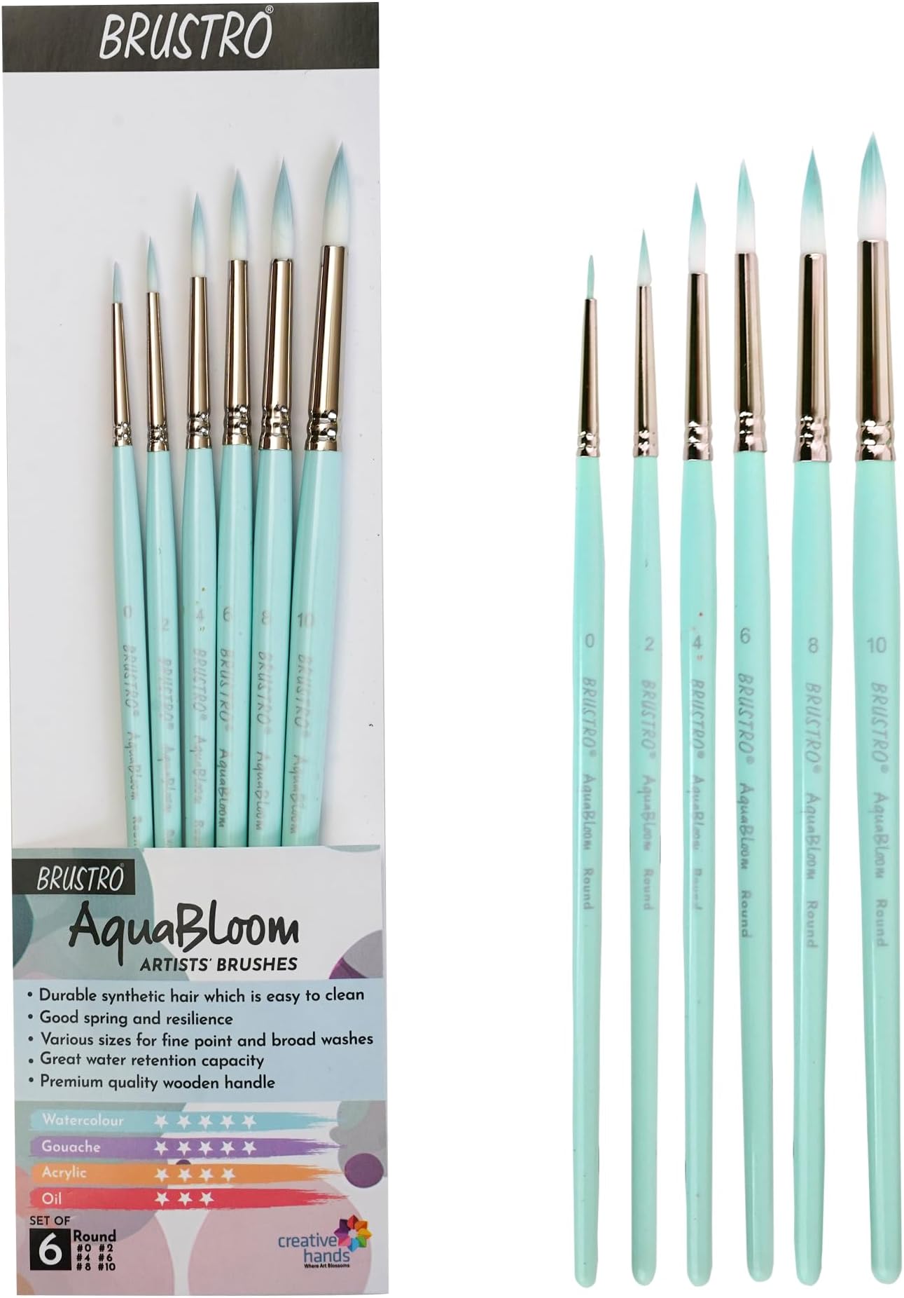 AquaBloom Artist's Paint Brushes | Round | Set of 6 - Sizes (0, 2, 4, 6, 8, 10) | Wooden Handle, Comfortable Grip, Synthetic Bristles, Ideal for Watercolour, Gouache, Painting