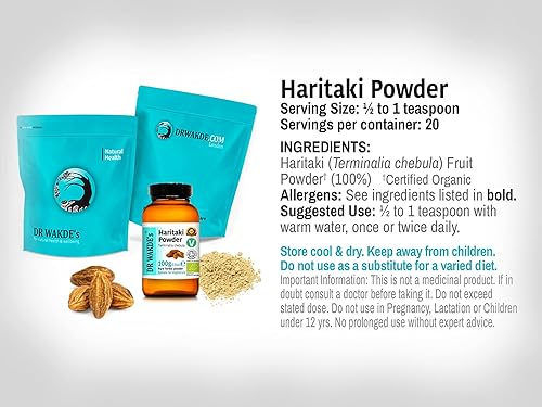 Miniatura 3 de DR WAKDE Organic Haritaki Powder (Hirda  Terminalia chebula) - 100 g (3.5 oz)  Polvo puro, crudo y seco  Hierba Ayurvédica  Vegano  Nada añadida,