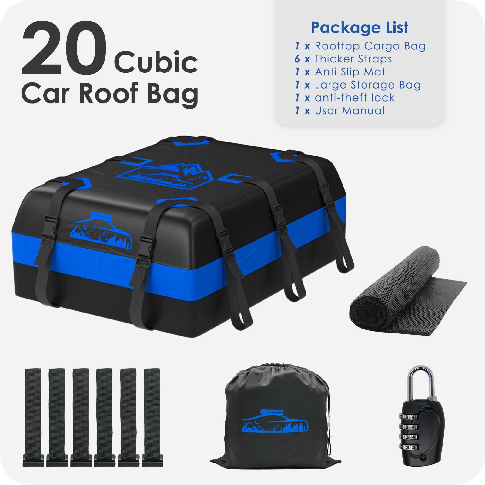 BOYUJK Bolsa de Techo para Coche 20 cúbicos/566 L, Bolsa de Techo Impermeable para Coche, no Necesita portaequipajes, Cofre de Techo para Coche con Alfombrilla Antideslizante y 6 Correas Resistentes,