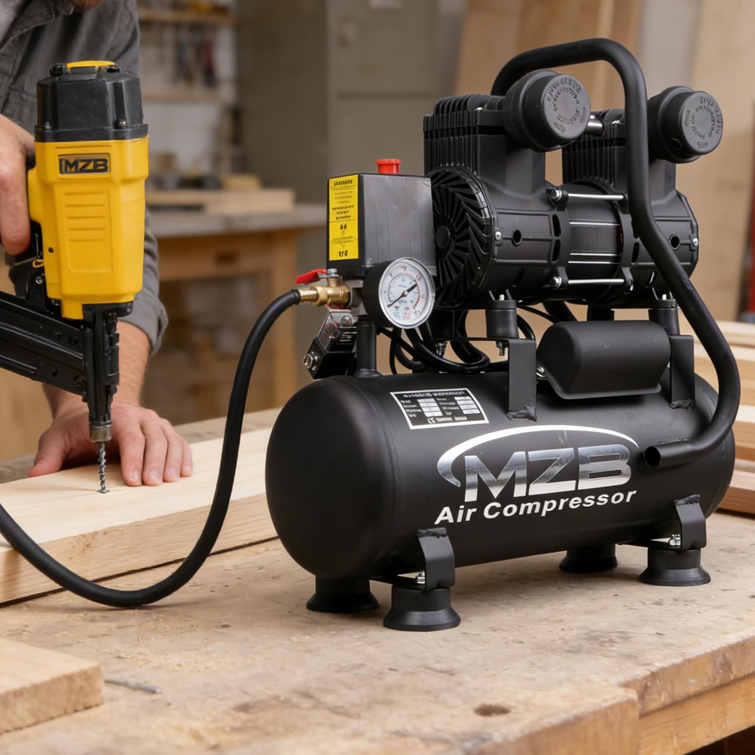 MZB 2.4 Gallon Ultra Quiet Air Compressor 110V/60Hz 1.2HP 5.65CFM, MAX 115PSI Steel Tanks Oil-Free 70dB Noise Level Air Compressor with Wheels for Spray Painting, Auto Repair, Carpentry Decoration
