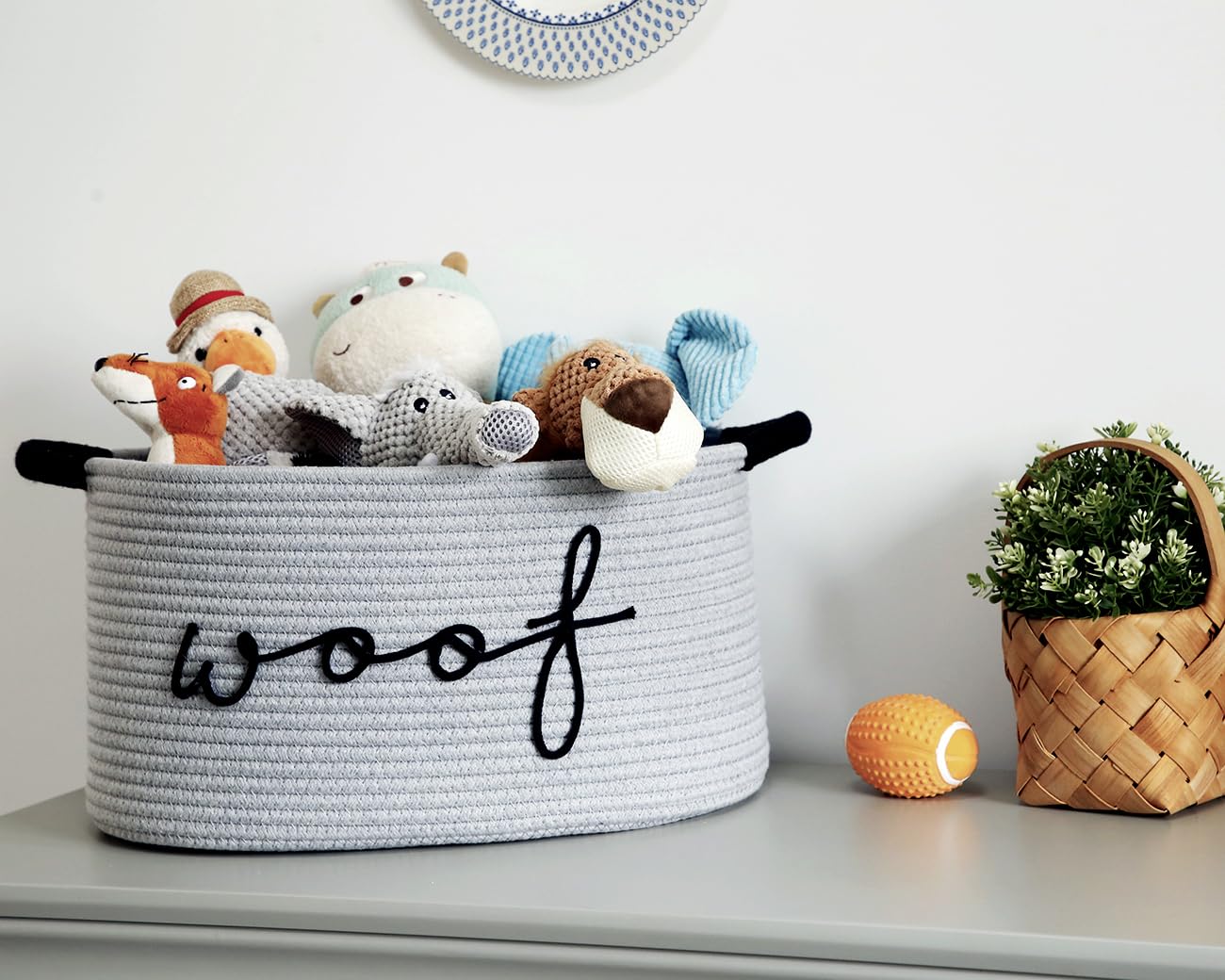 ZOMBATI Woof Dog Basket - Cotton Rope Pet Storage Bin With Durable Handles, Large Toy Organizer for Puppies, Perfect for Chew Toys, Blankets and Leashes