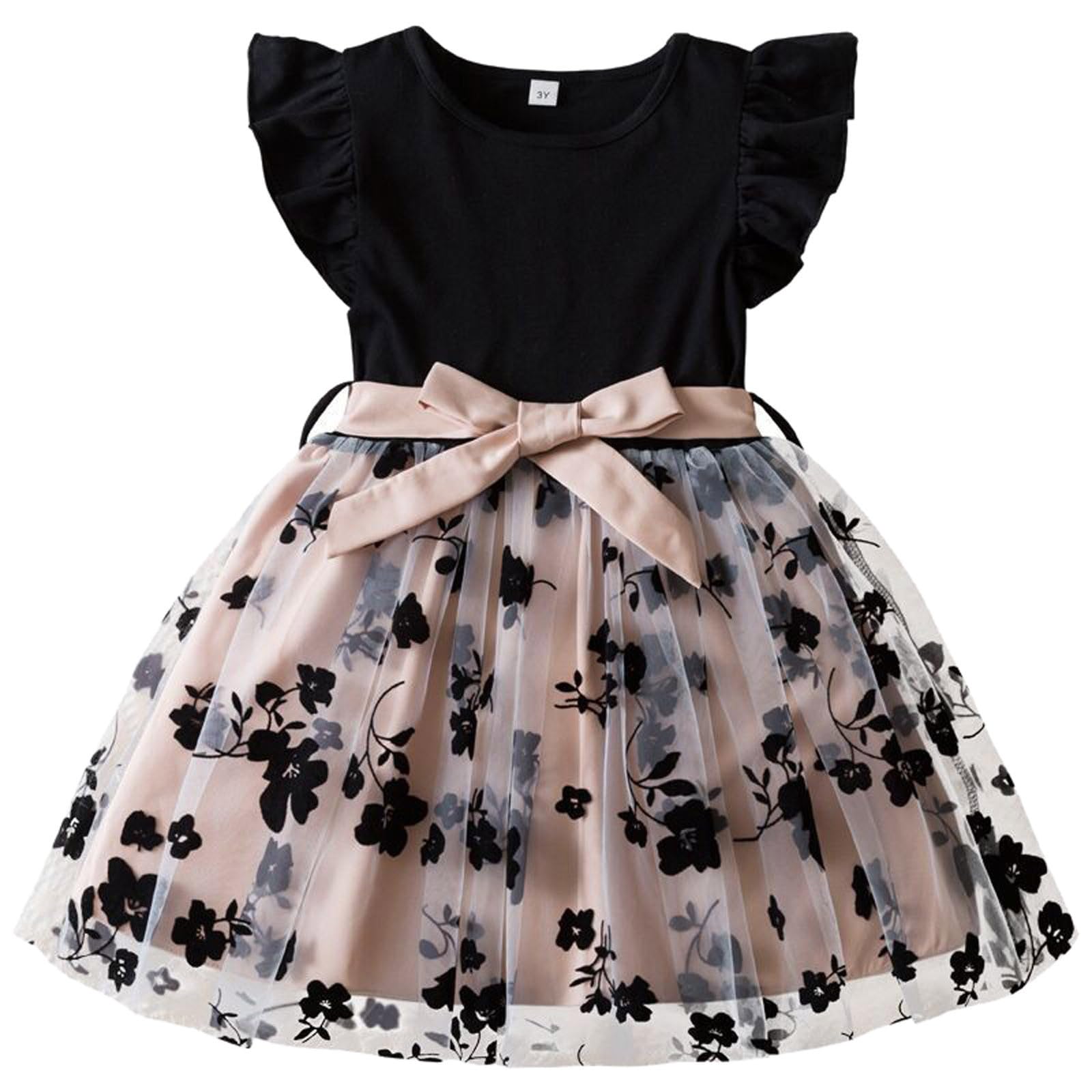 Mädchen Sommerkleid Mit Blumenprint - Fliegenärmel Mit Schleife Mesh Kleid